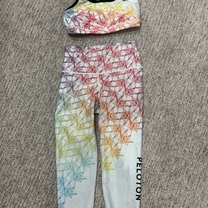 Peloton x WITH Geo prizm 2020 pride bra and cropped leggings.